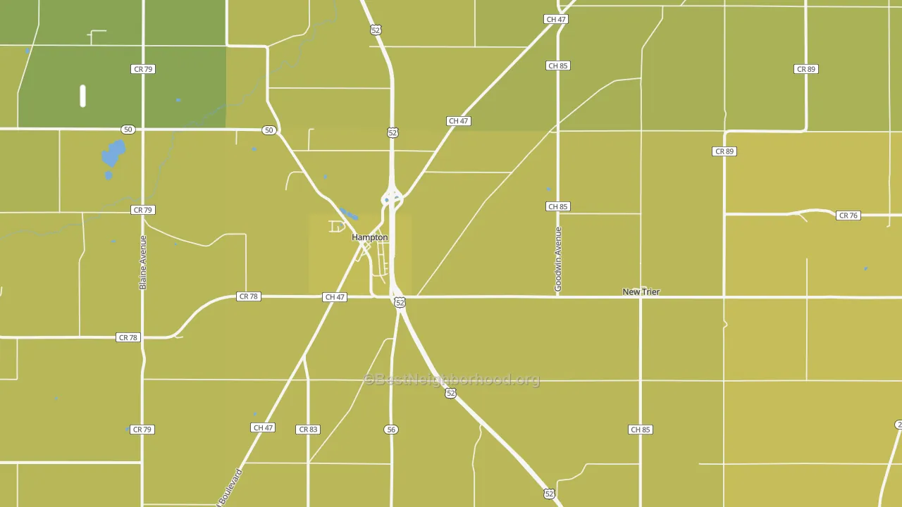 Map of the best neighborhoods in the 55031 area, with better matches in green and worse matches in red