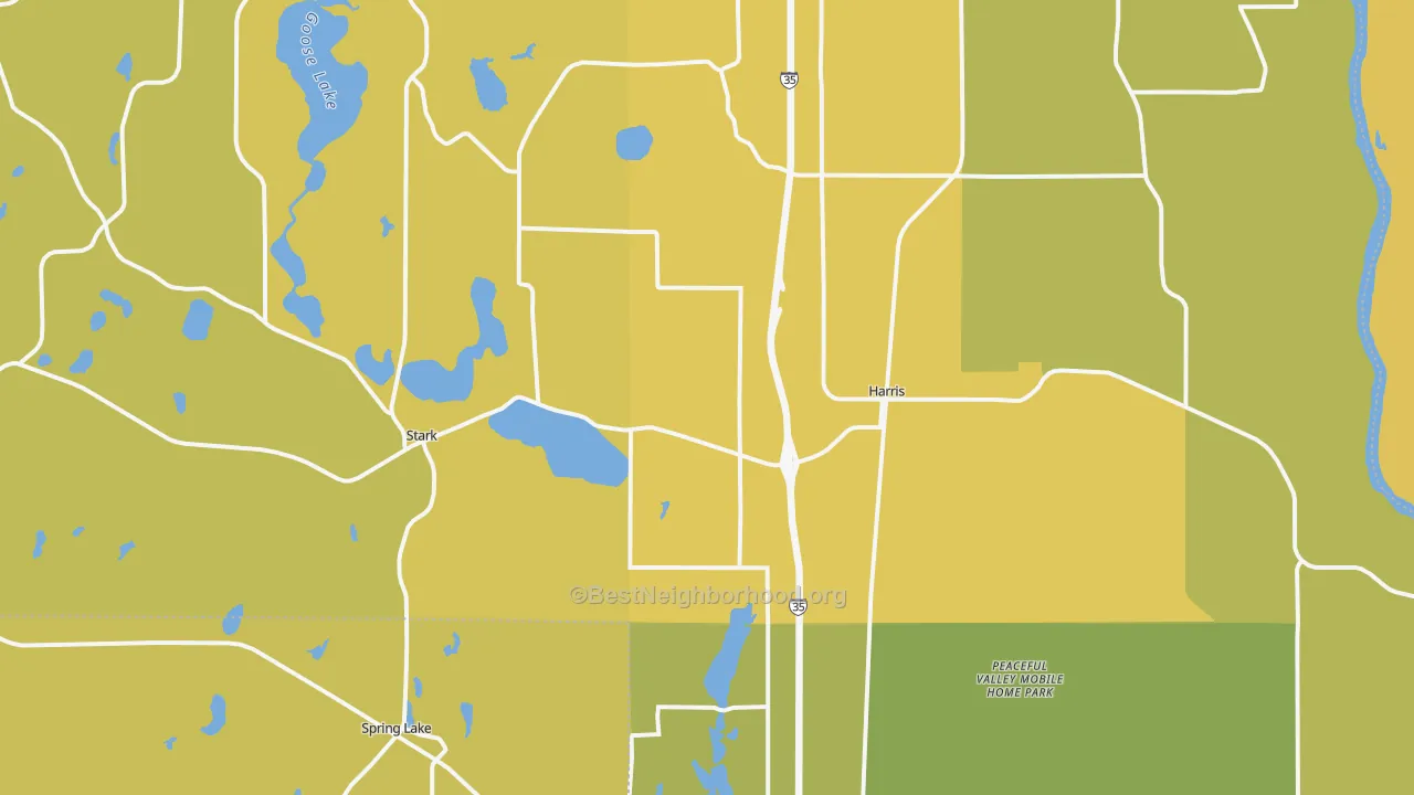 Map of the best neighborhoods in the 55032 area, with better matches in green and worse matches in red