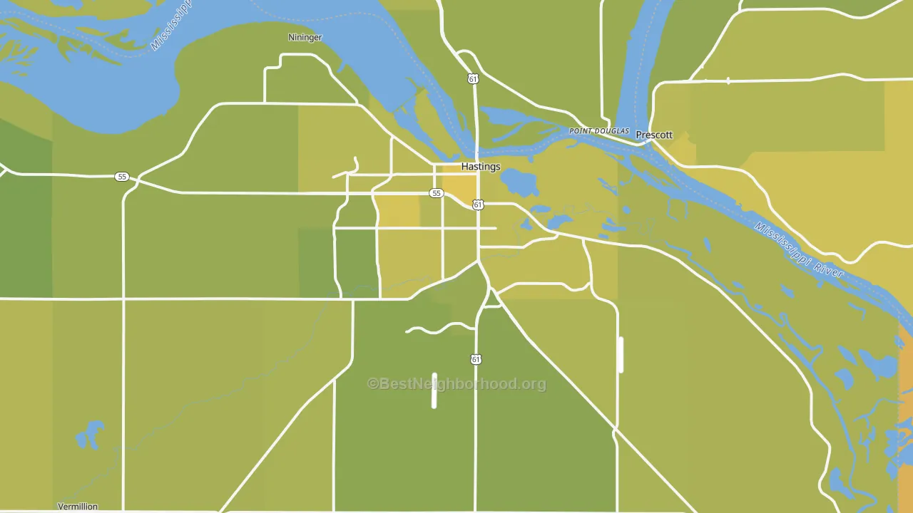 Map of the best neighborhoods in the 55033 area, with better matches in green and worse matches in red