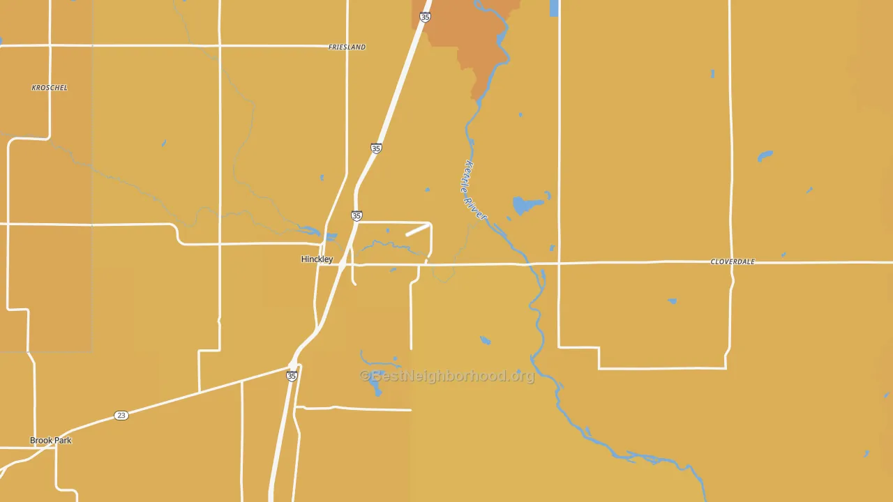 Map of the best neighborhoods in the 55037 area, with better matches in green and worse matches in red