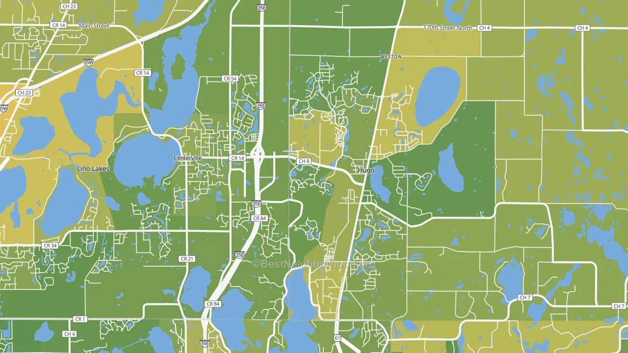 Map of the best neighborhoods in the 55038 area, with better matches in green and worse matches in red