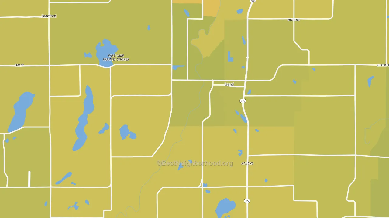 Map of the best neighborhoods in the 55040 area, with better matches in green and worse matches in red