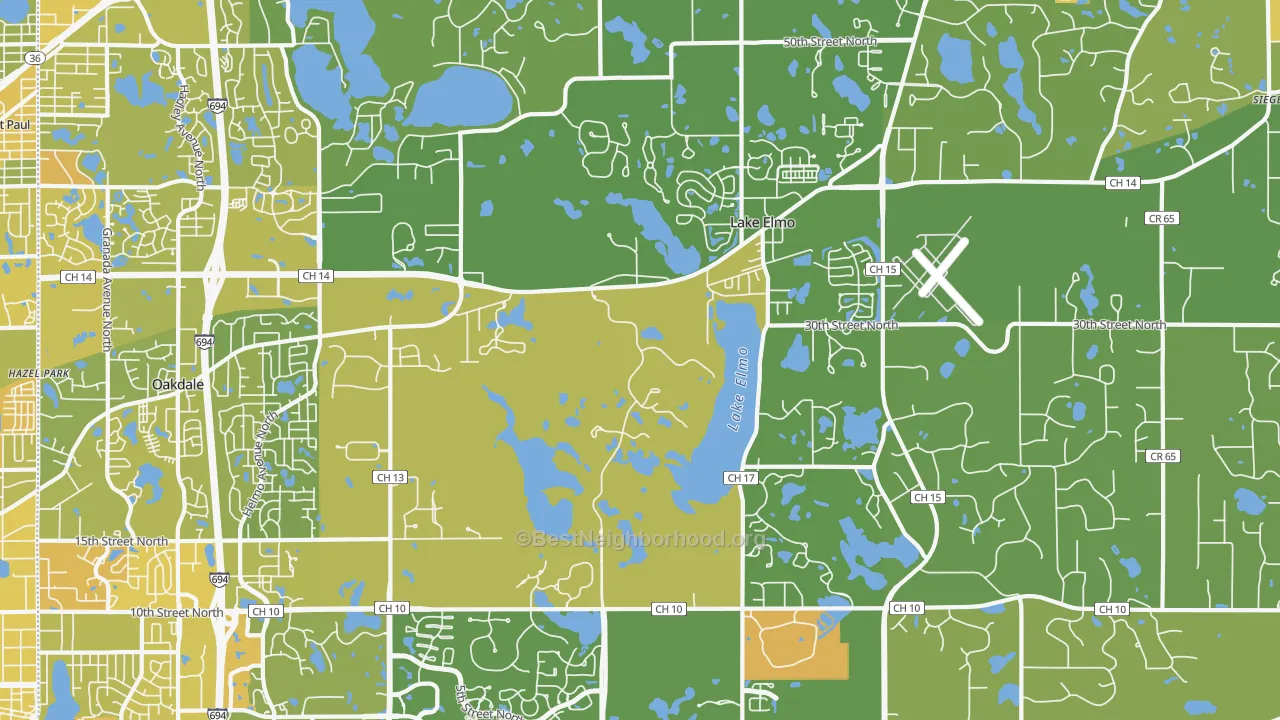 Map of the best neighborhoods in the 55042 area, with better matches in green and worse matches in red
