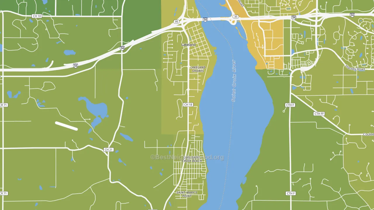 Map of the best neighborhoods in the 55043 area, with better matches in green and worse matches in red