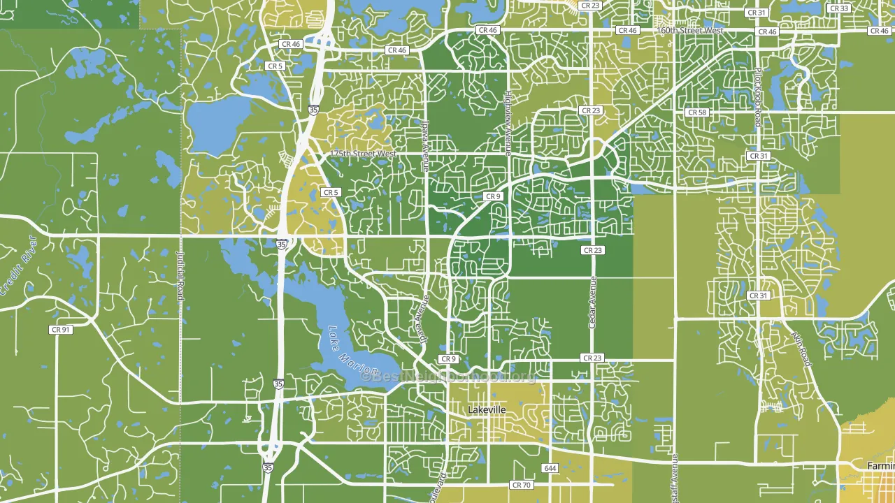 Map of the best neighborhoods in the 55044 area, with better matches in green and worse matches in red