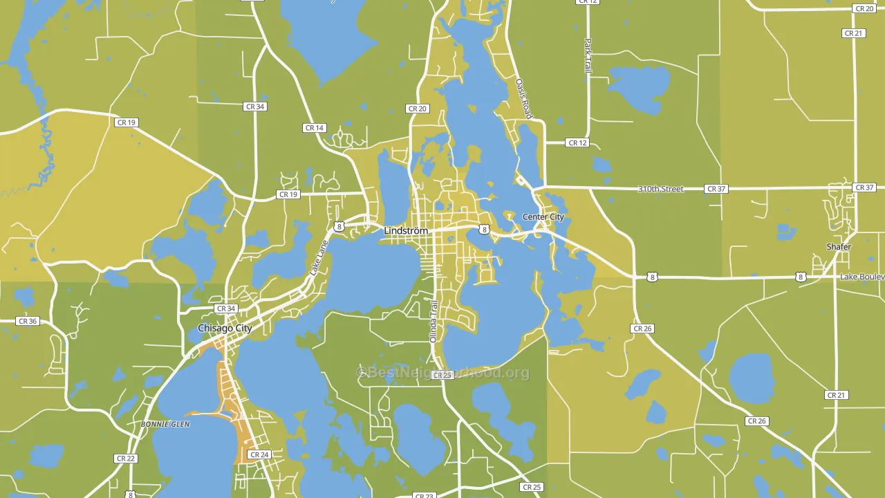 Map of the best neighborhoods in the 55045 area, with better matches in green and worse matches in red