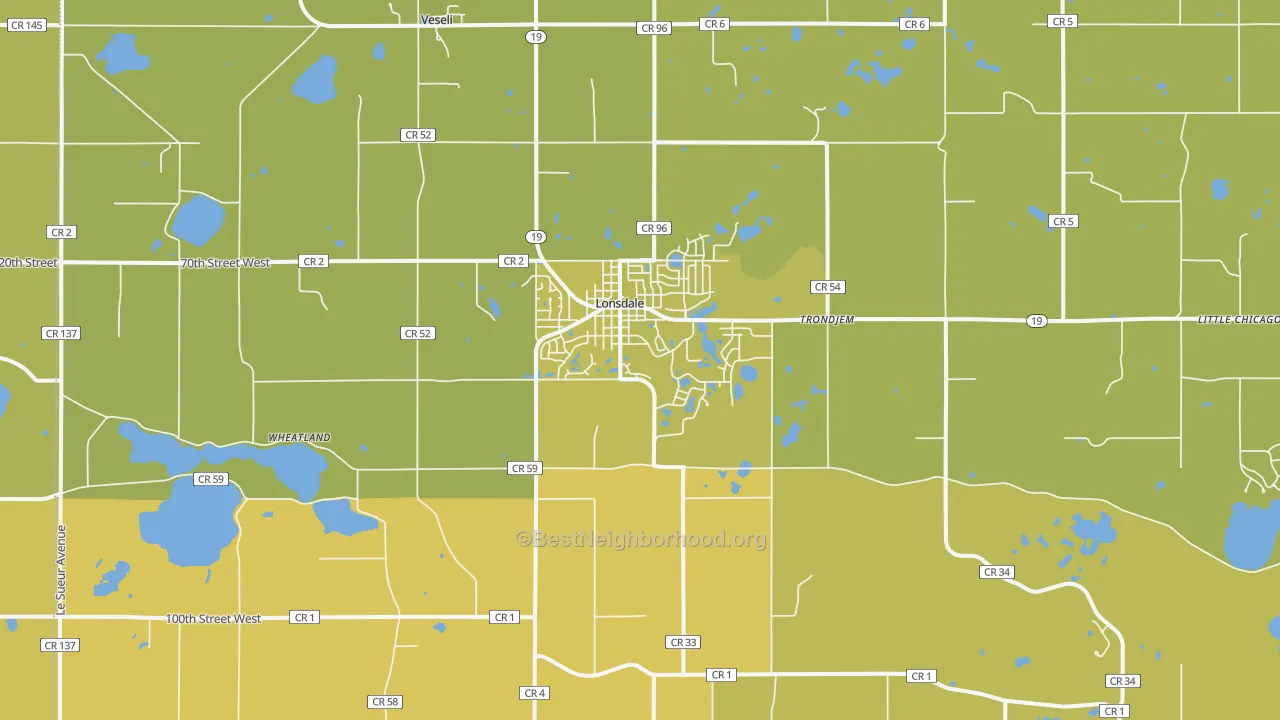 Map of the best neighborhoods in the 55046 area, with better matches in green and worse matches in red