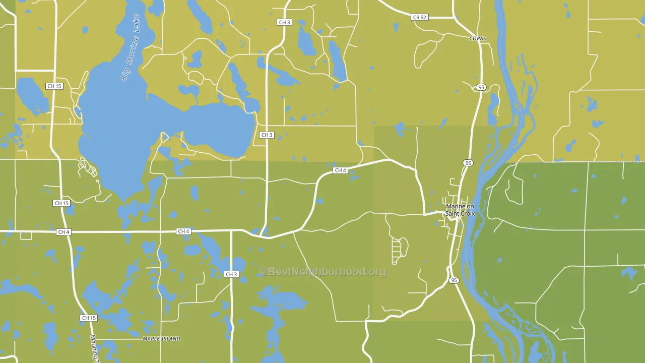 Map of the best neighborhoods in the 55047 area, with better matches in green and worse matches in red