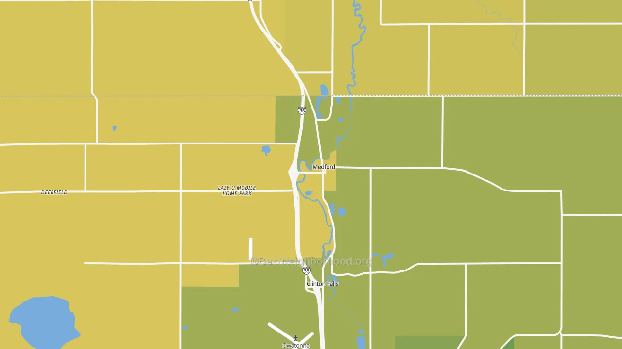 Map of the best neighborhoods in the 55049 area, with better matches in green and worse matches in red