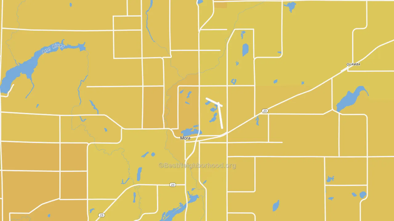 Map of the best neighborhoods in the 55051 area, with better matches in green and worse matches in red