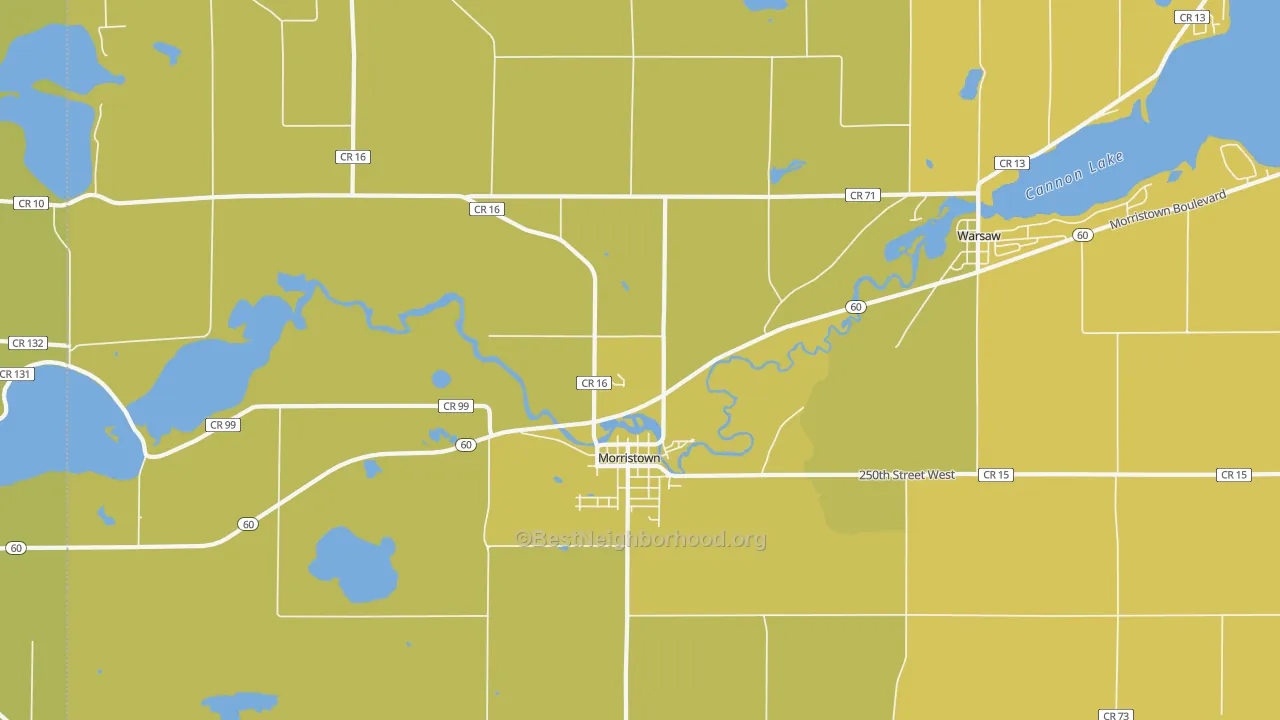 Map of the best neighborhoods in the 55052 area, with better matches in green and worse matches in red