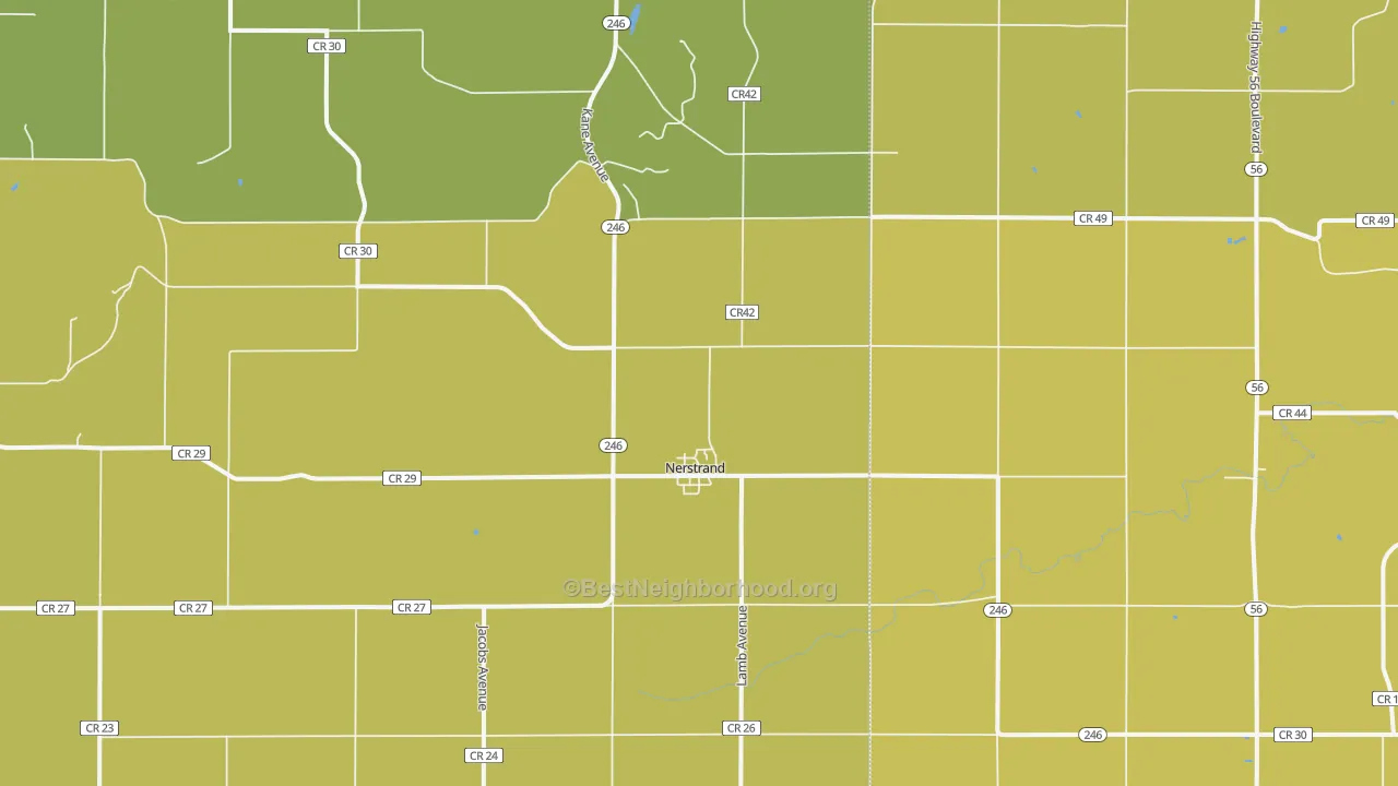 Map of the best neighborhoods in the 55053 area, with better matches in green and worse matches in red