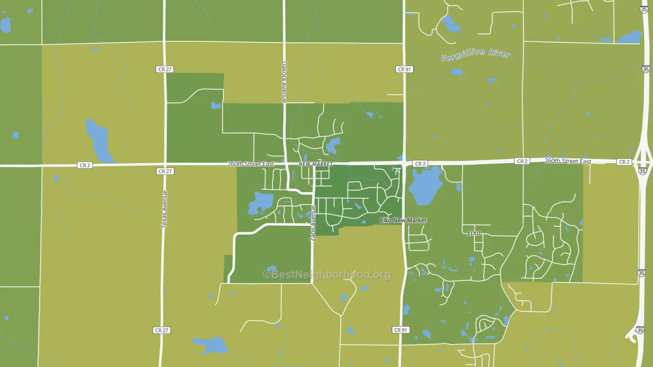 Map of the best neighborhoods in the 55054 area, with better matches in green and worse matches in red