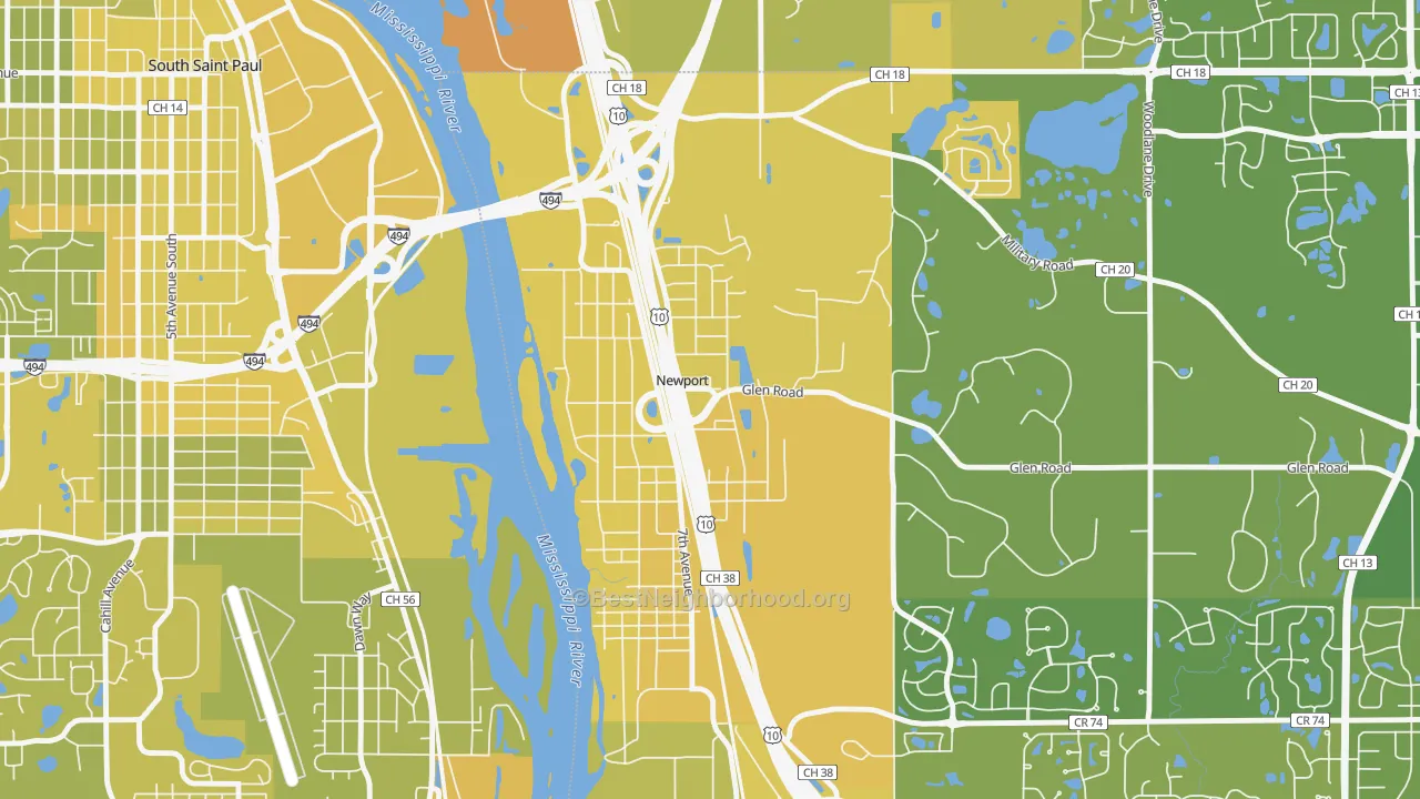 Map of the best neighborhoods in the 55055 area, with better matches in green and worse matches in red