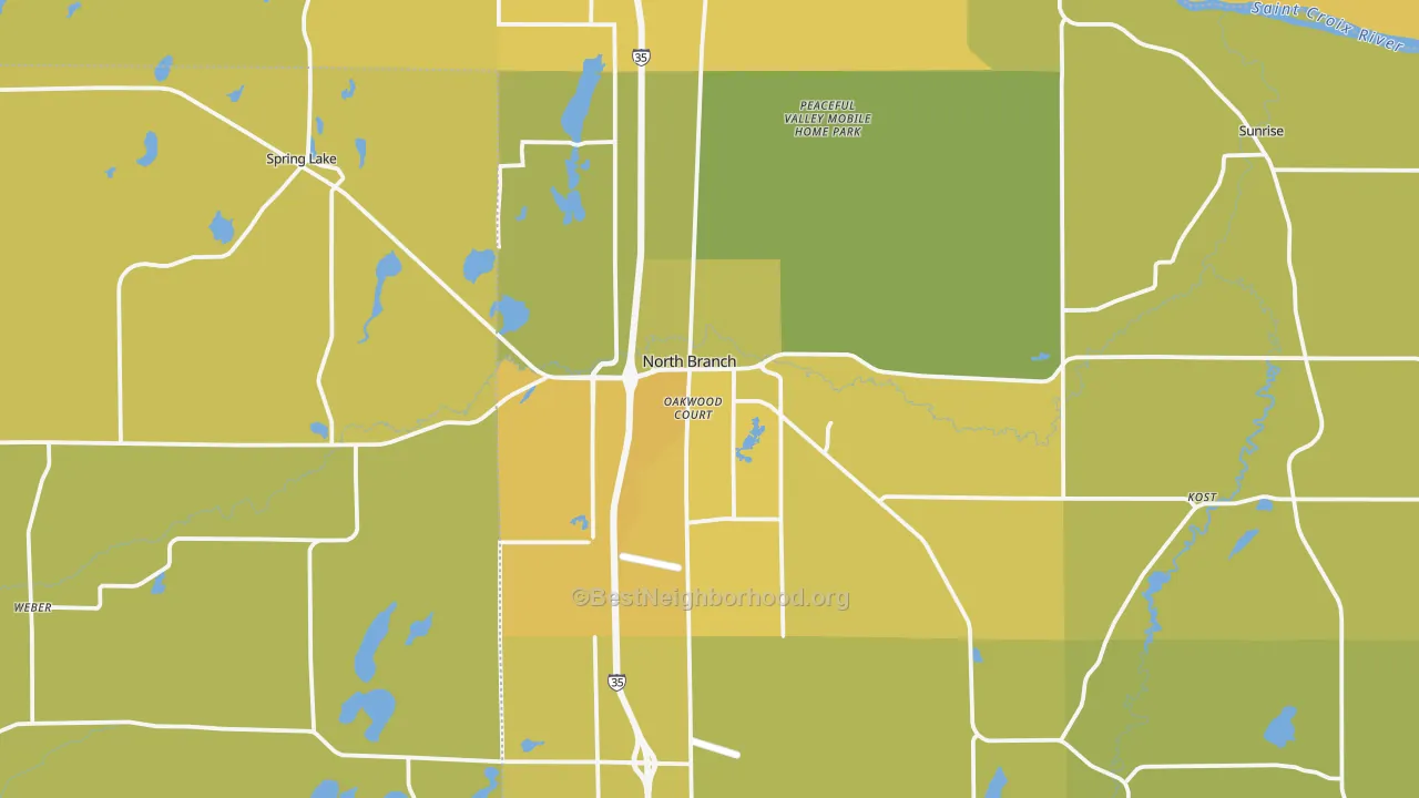 Map of the best neighborhoods in the 55056 area, with better matches in green and worse matches in red