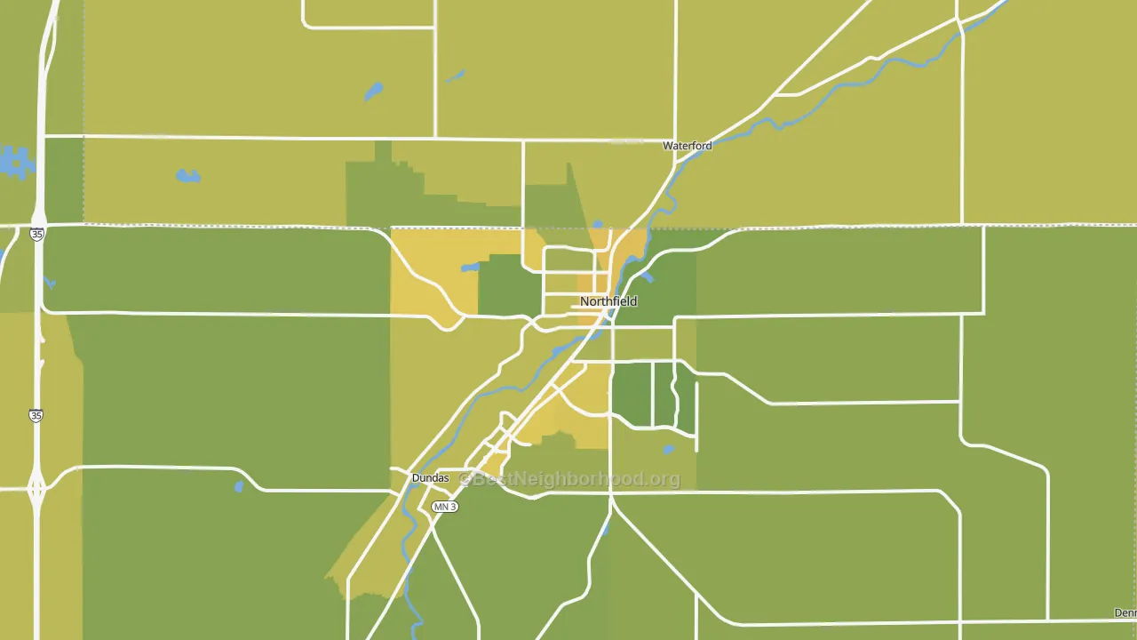 Map of the best neighborhoods in the 55057 area, with better matches in green and worse matches in red