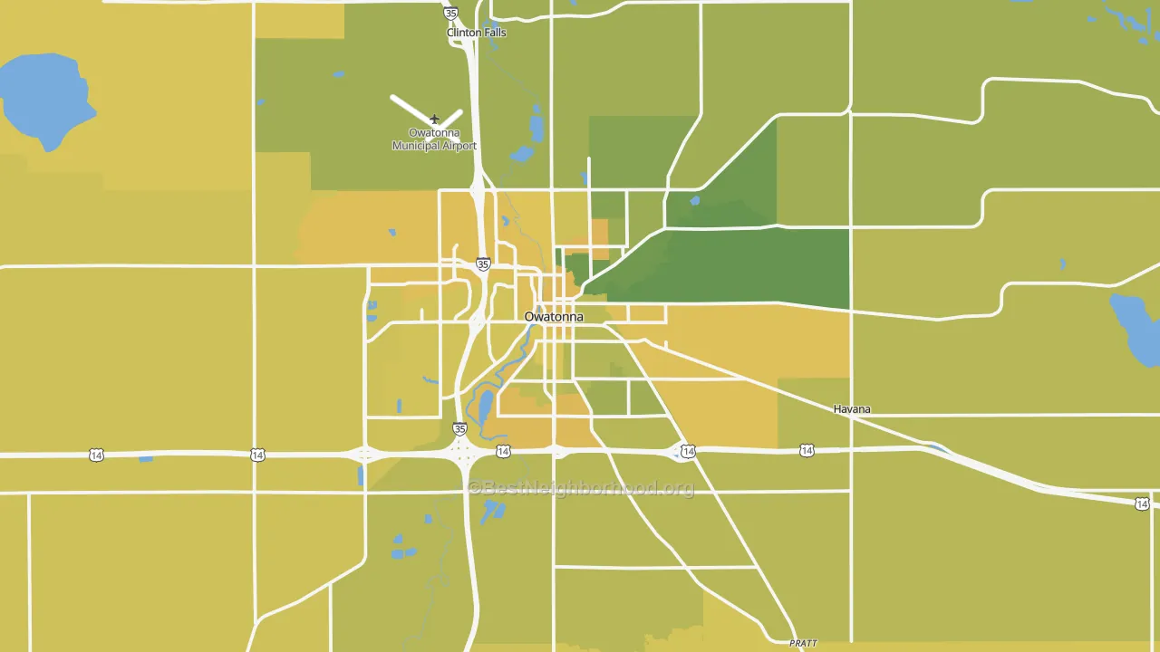 Map of the best neighborhoods in the 55060 area, with better matches in green and worse matches in red