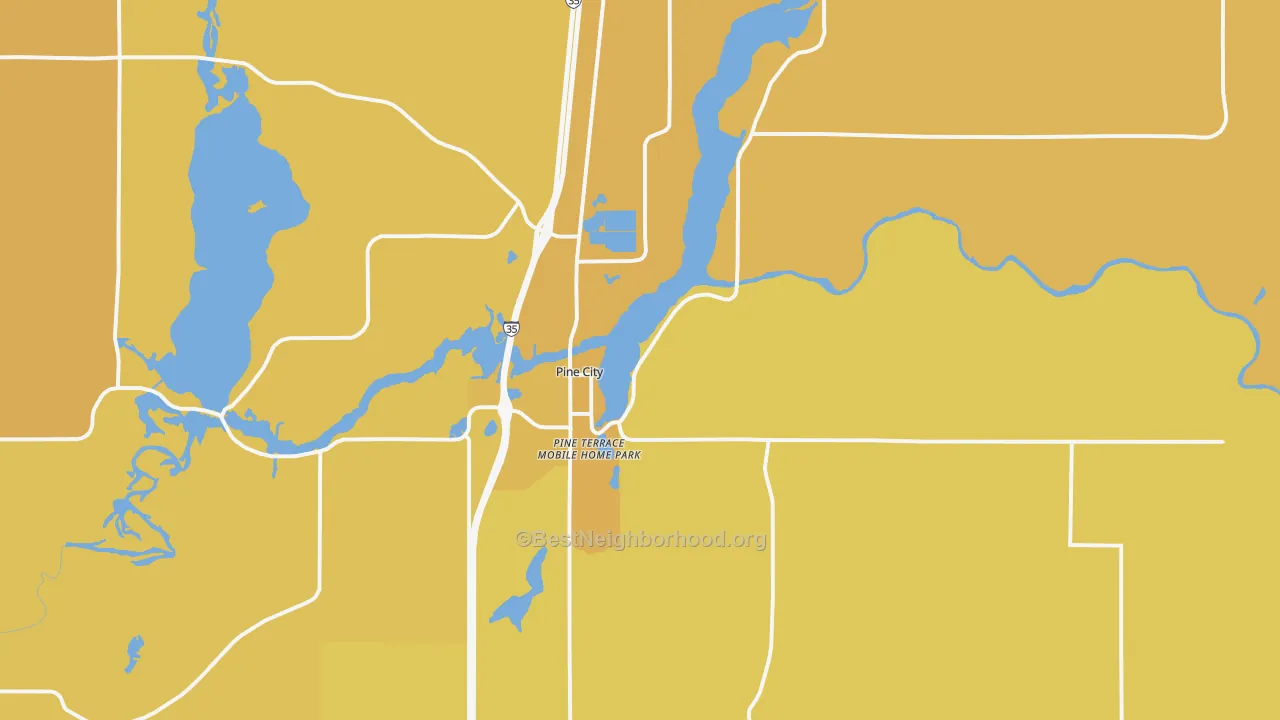 Map of the best neighborhoods in the 55063 area, with better matches in green and worse matches in red