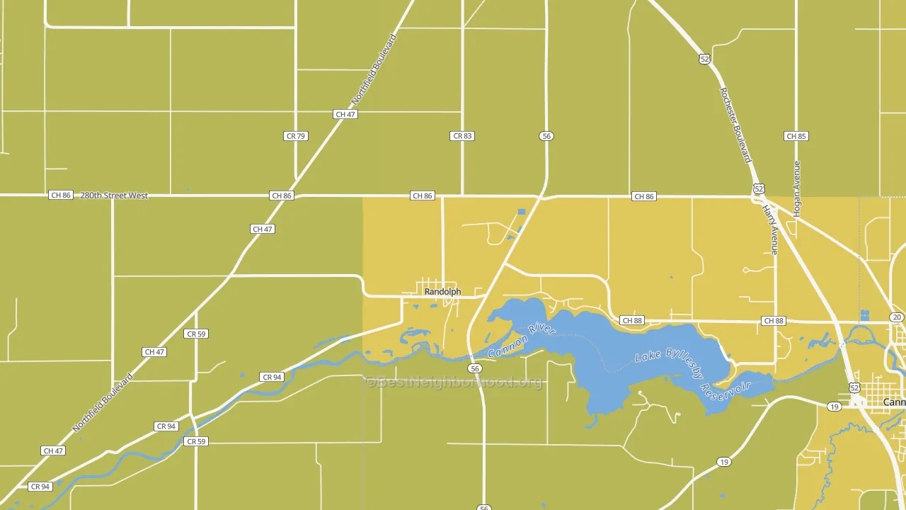 Map of the best neighborhoods in the 55065 area, with better matches in green and worse matches in red