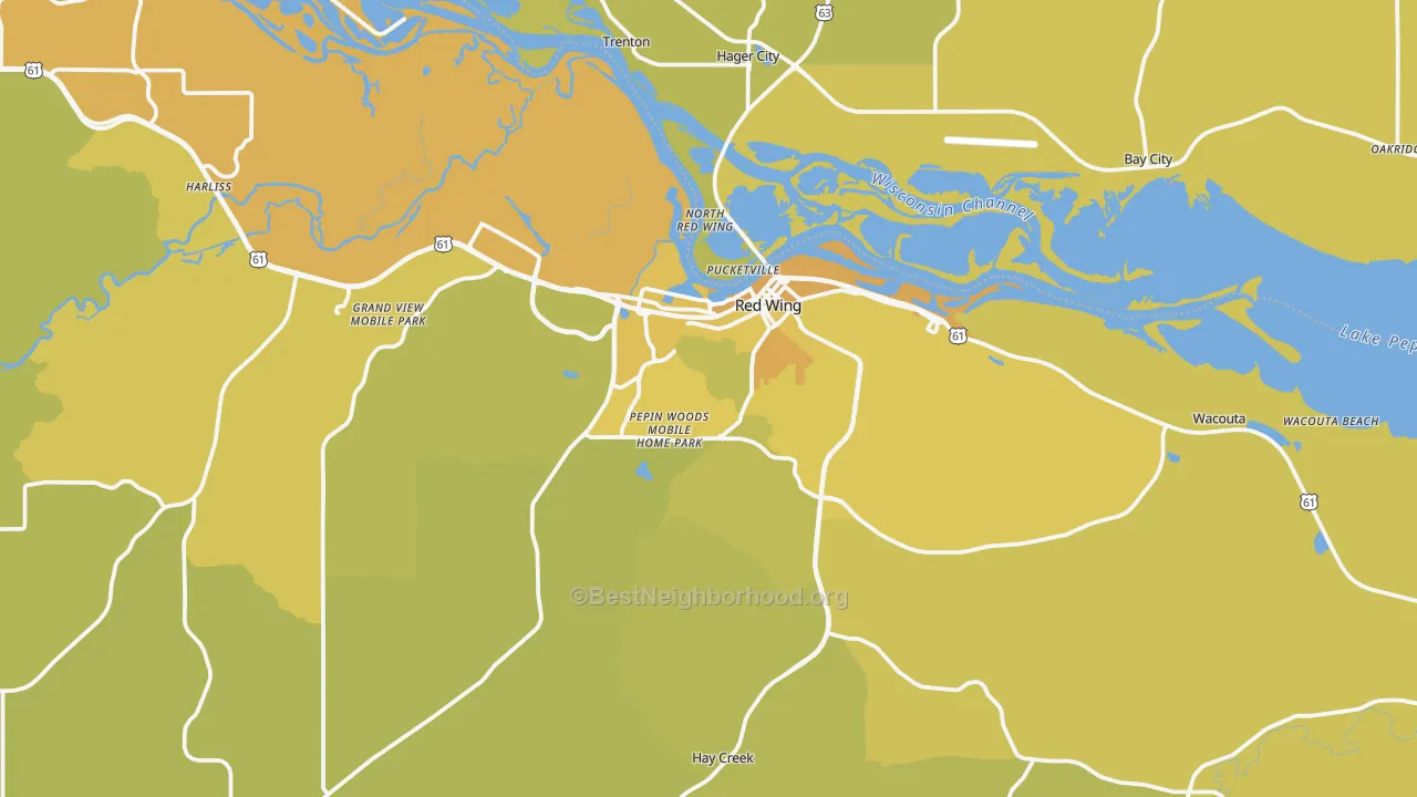 Map of the best neighborhoods in the 55066 area, with better matches in green and worse matches in red