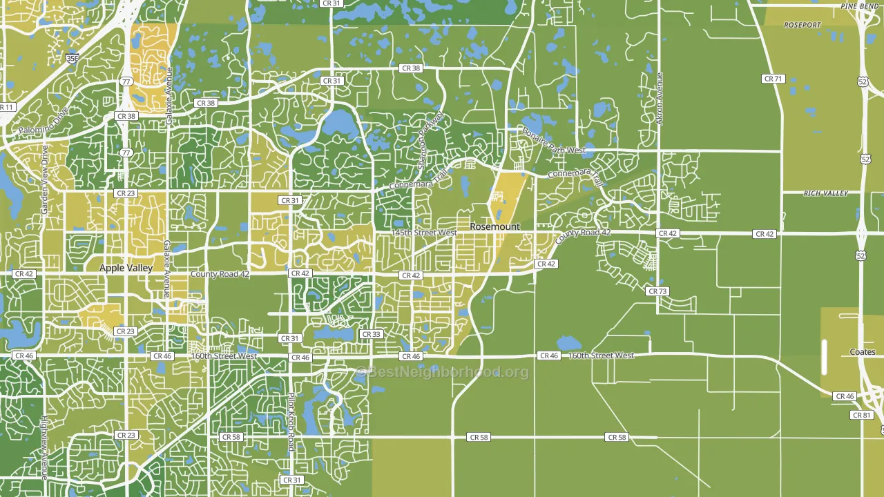 Map of the best neighborhoods in the 55068 area, with better matches in green and worse matches in red