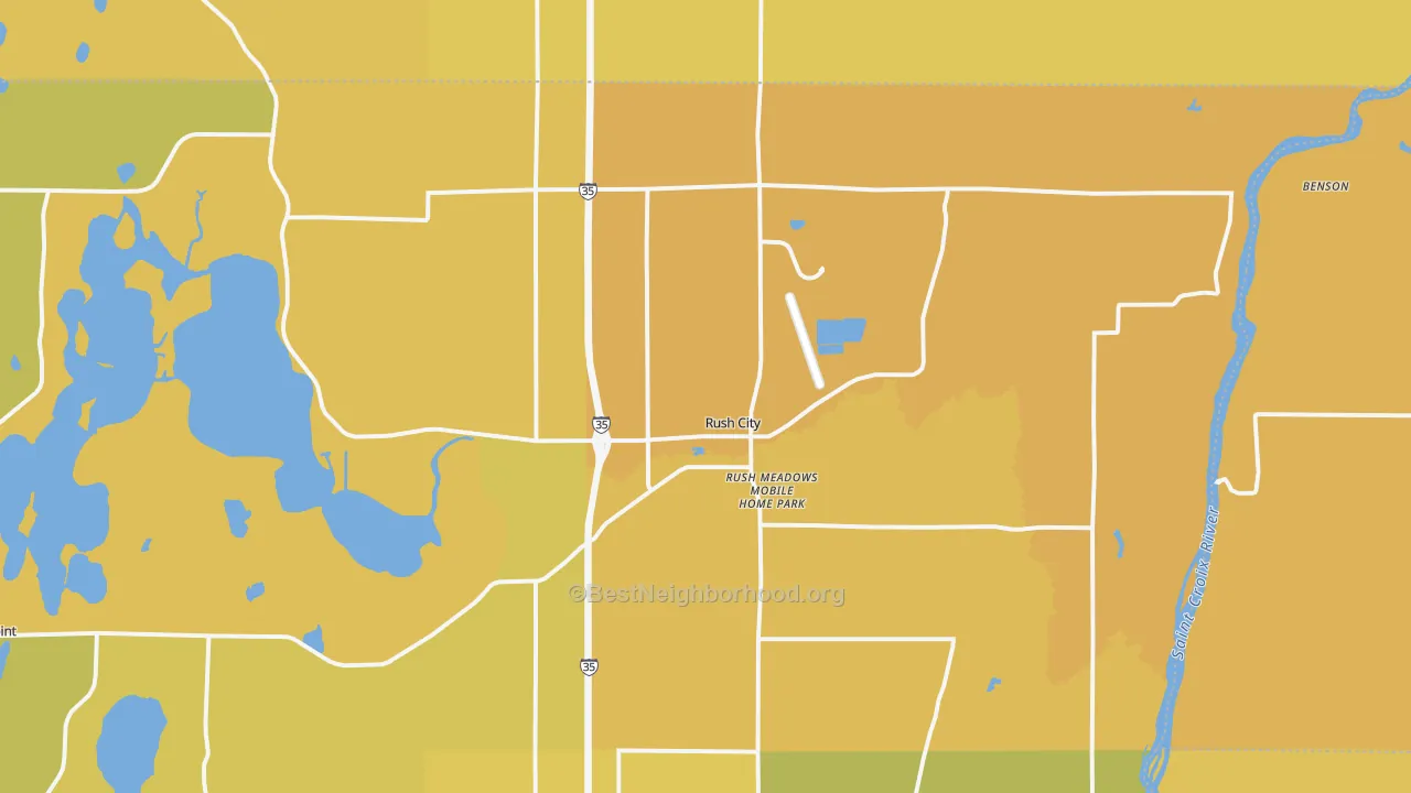 Map of the best neighborhoods in the 55069 area, with better matches in green and worse matches in red