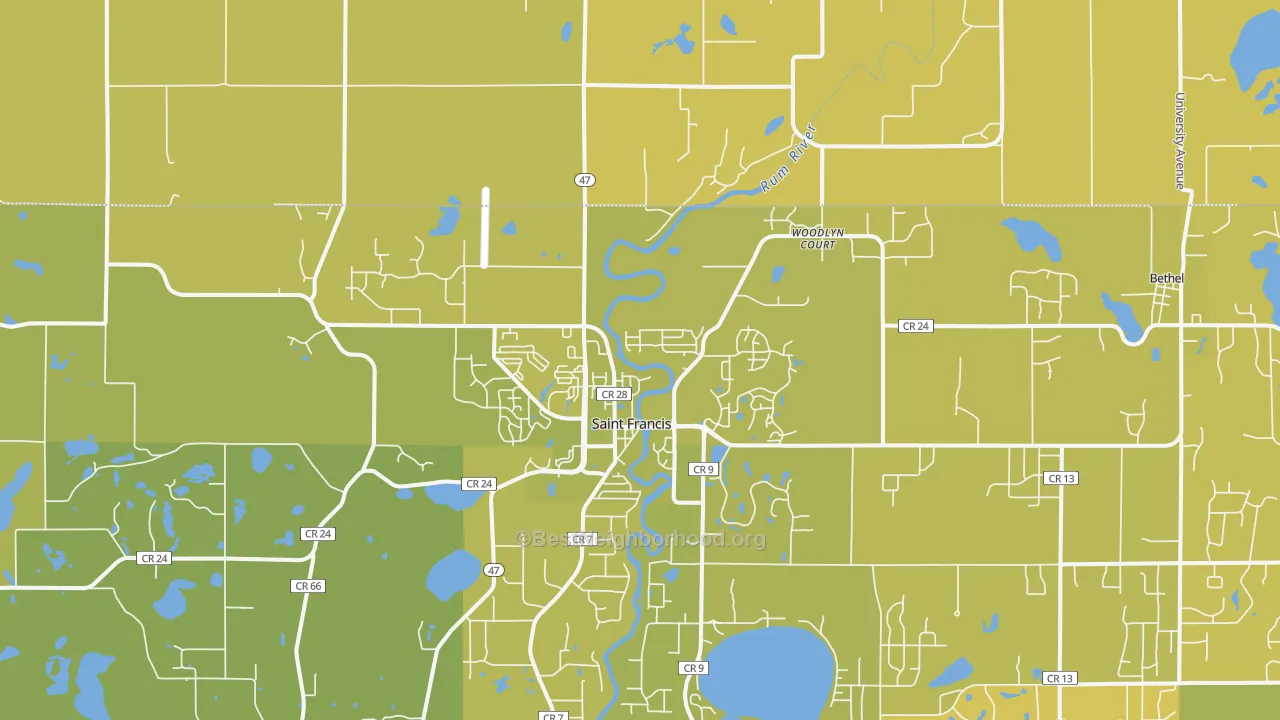 Map of the best neighborhoods in the 55070 area, with better matches in green and worse matches in red