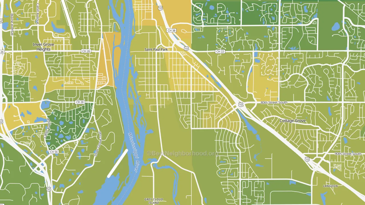 Map of the best neighborhoods in the 55071 area, with better matches in green and worse matches in red