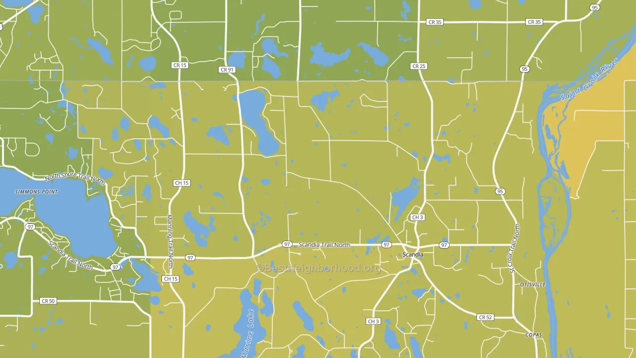 Map of the best neighborhoods in the 55073 area, with better matches in green and worse matches in red