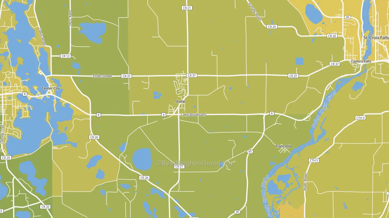 Map of the best neighborhoods in the 55074 area, with better matches in green and worse matches in red