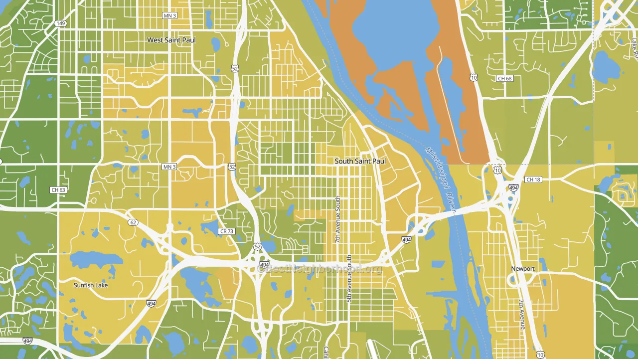 Map of the best neighborhoods in the 55075 area, with better matches in green and worse matches in red
