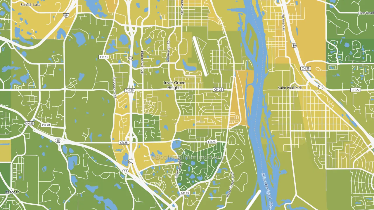 Map of the best neighborhoods in the 55076 area, with better matches in green and worse matches in red