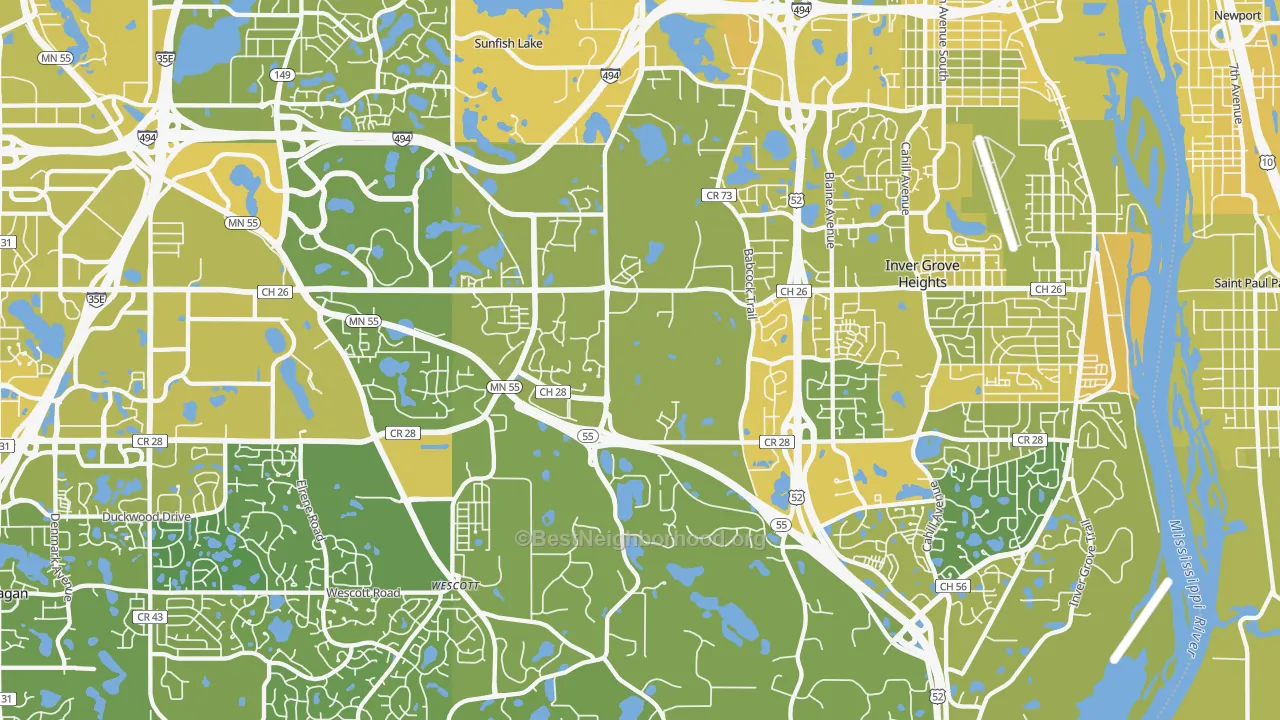 Map of the best neighborhoods in the 55077 area, with better matches in green and worse matches in red