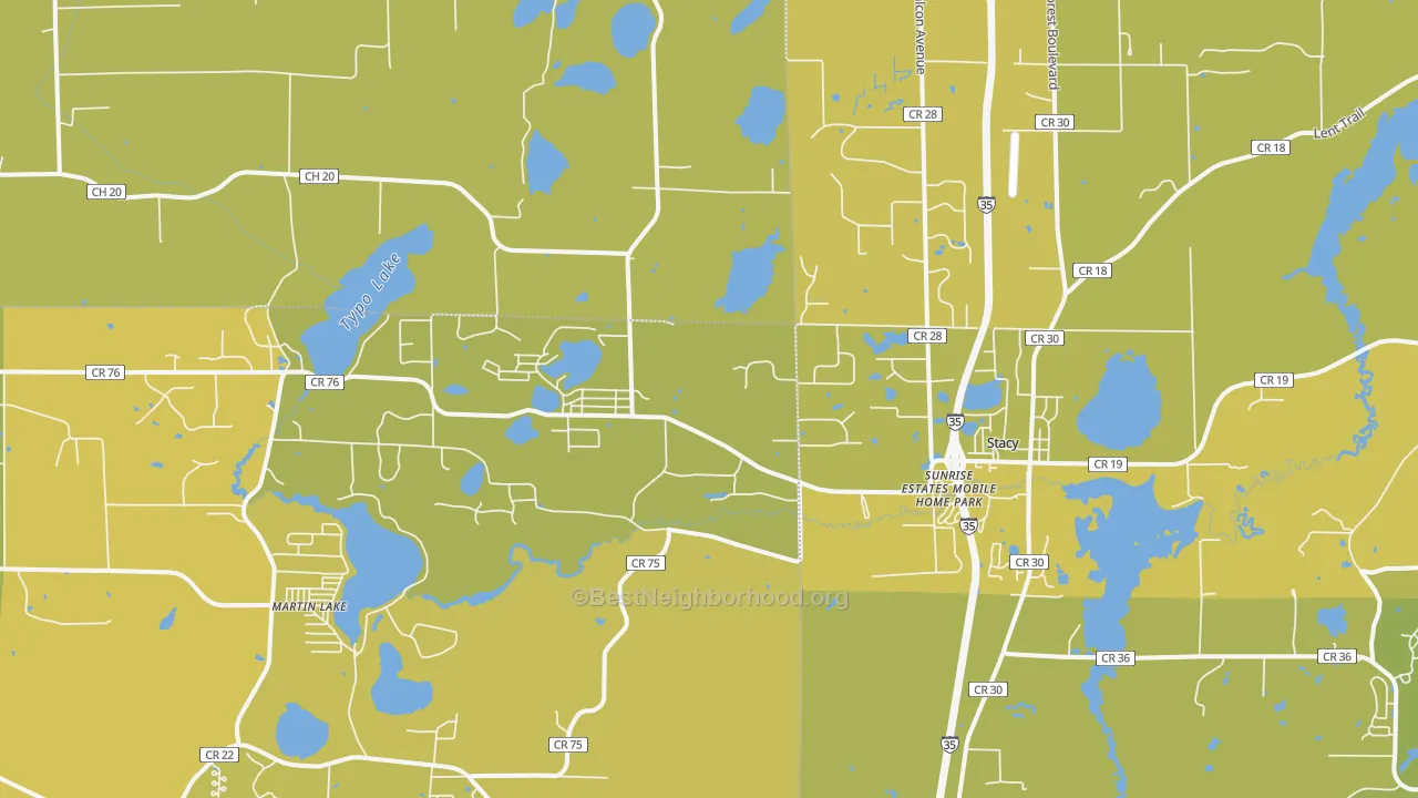 Map of the best neighborhoods in the 55079 area, with better matches in green and worse matches in red