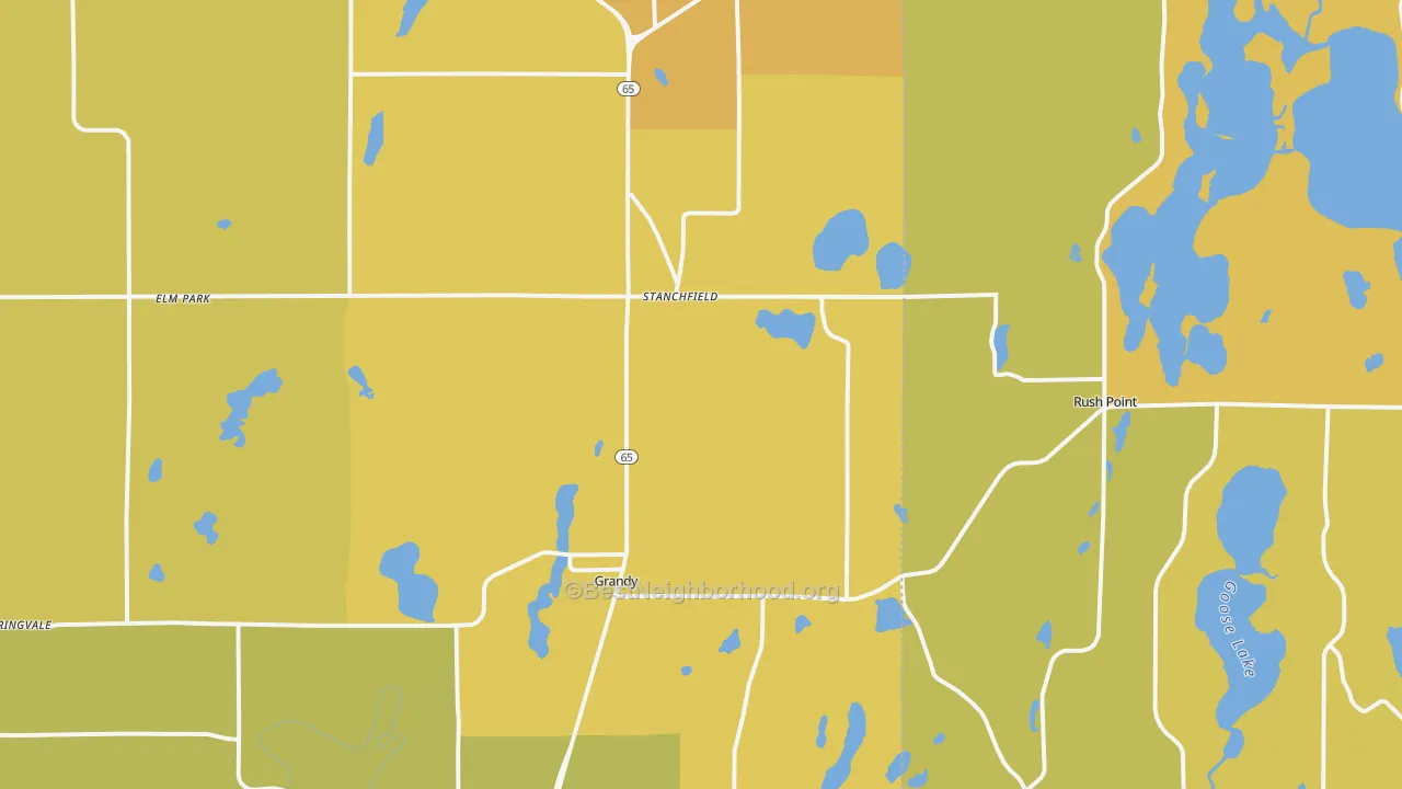 Map of the best neighborhoods in the 55080 area, with better matches in green and worse matches in red