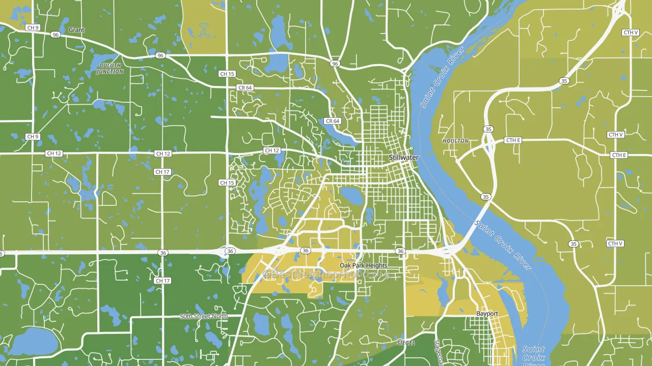 Map of the best neighborhoods in the 55082 area, with better matches in green and worse matches in red