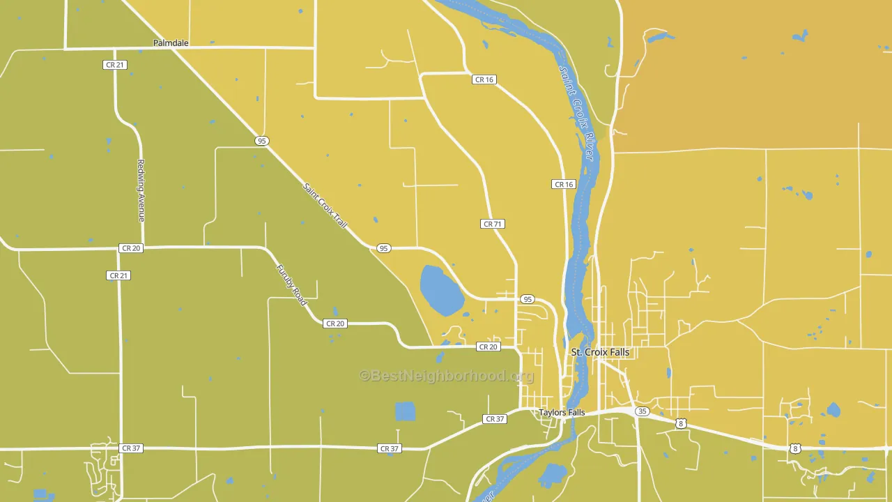 Map of the best neighborhoods in the 55084 area, with better matches in green and worse matches in red