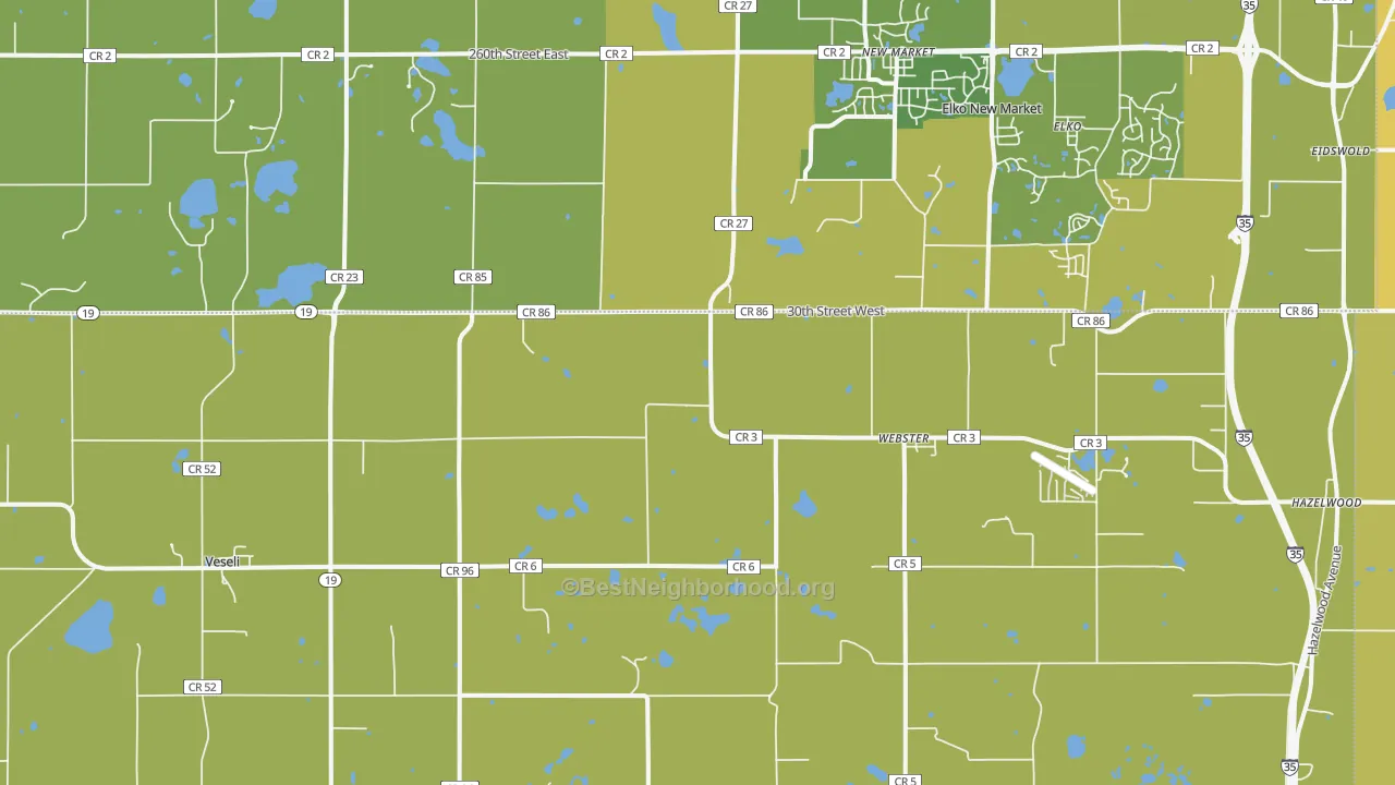 Map of the best neighborhoods in the 55088 area, with better matches in green and worse matches in red