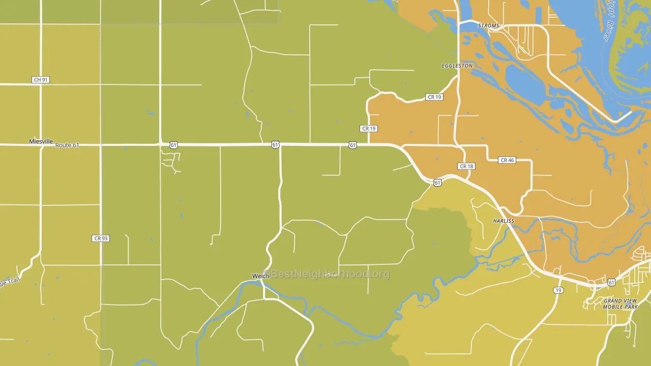 Map of the best neighborhoods in the 55089 area, with better matches in green and worse matches in red