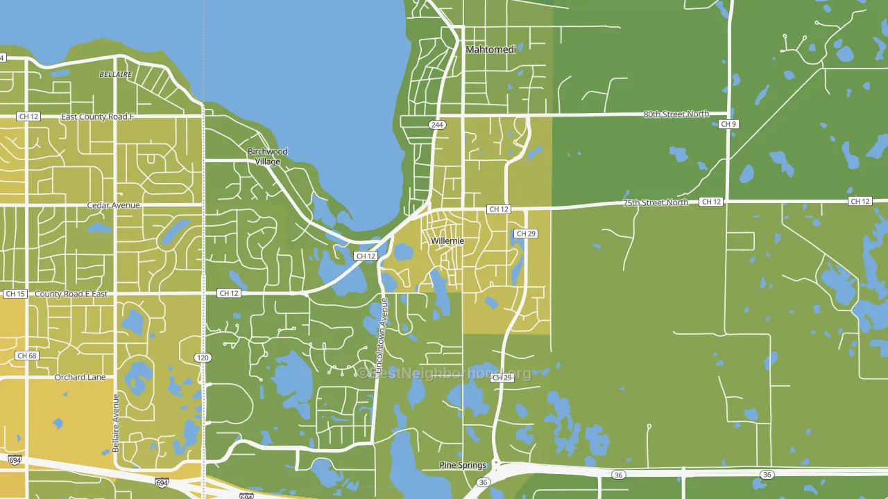 Map of the best neighborhoods in the 55090 area, with better matches in green and worse matches in red