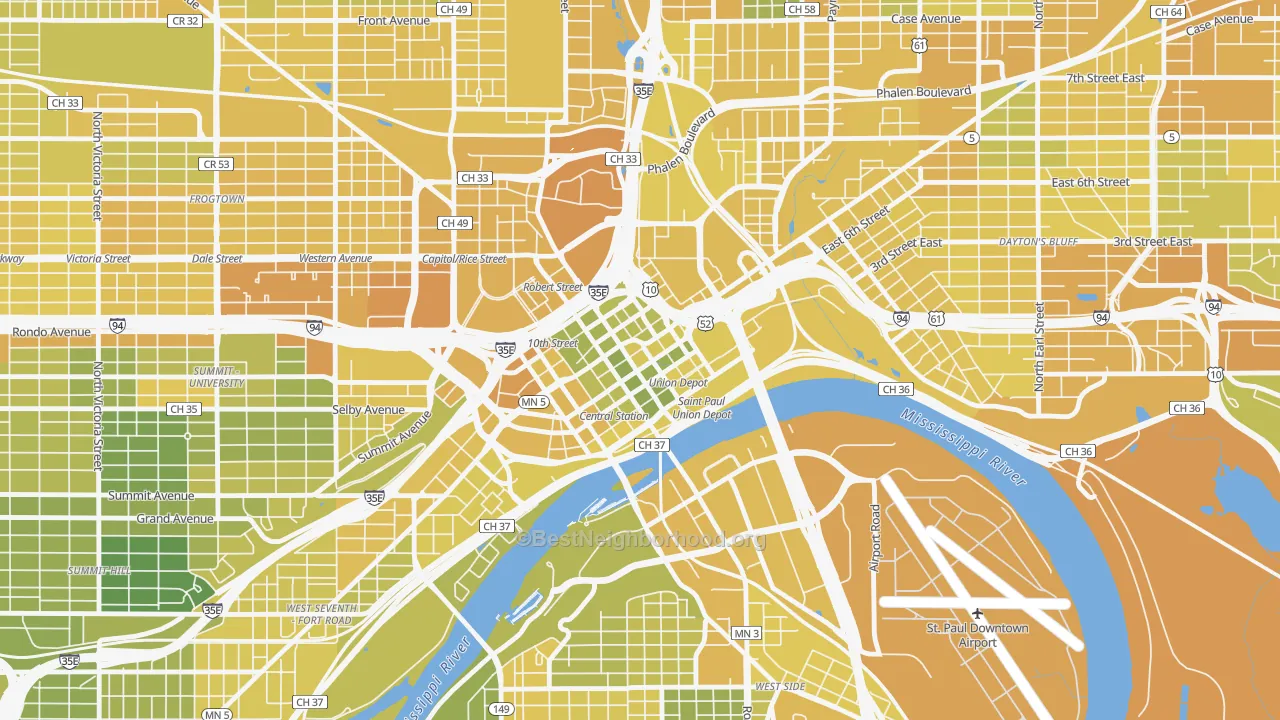 Map of the best neighborhoods in the 55101 area, with better matches in green and worse matches in red