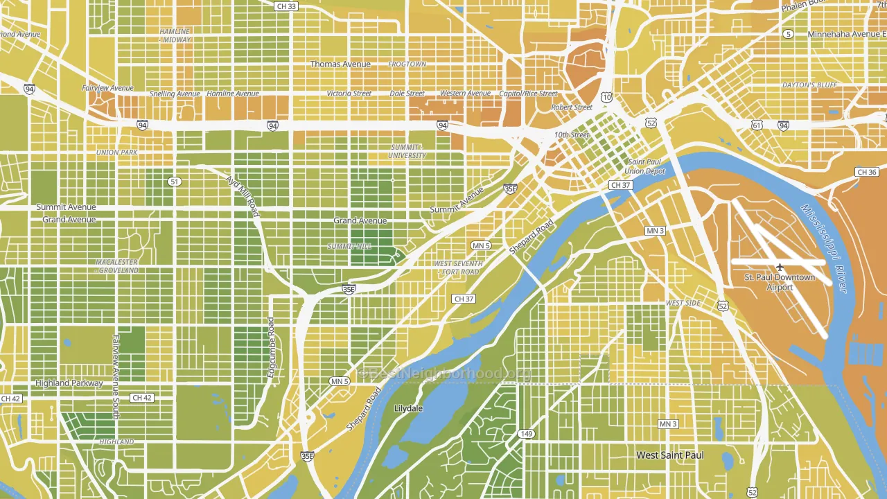 Map of the best neighborhoods in the 55102 area, with better matches in green and worse matches in red