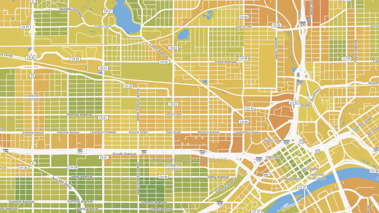 Map of the best neighborhoods in the 55103 area, with better matches in green and worse matches in red