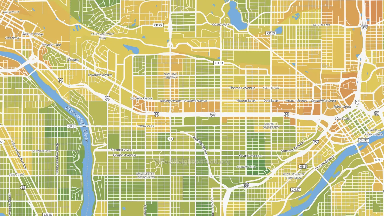 Map of the best neighborhoods in the 55104 area, with better matches in green and worse matches in red