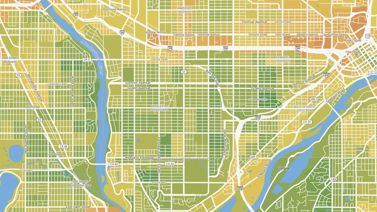 Map of the best neighborhoods in the 55105 area, with better matches in green and worse matches in red