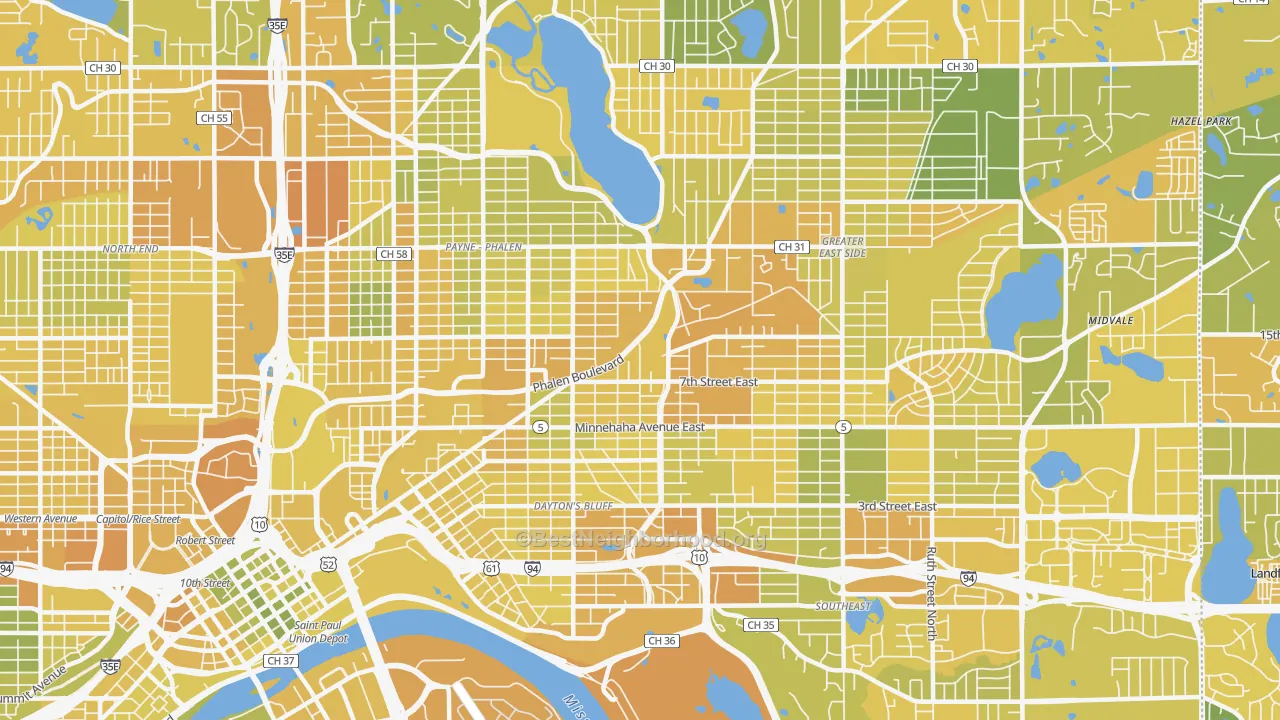Map of the best neighborhoods in the 55106 area, with better matches in green and worse matches in red
