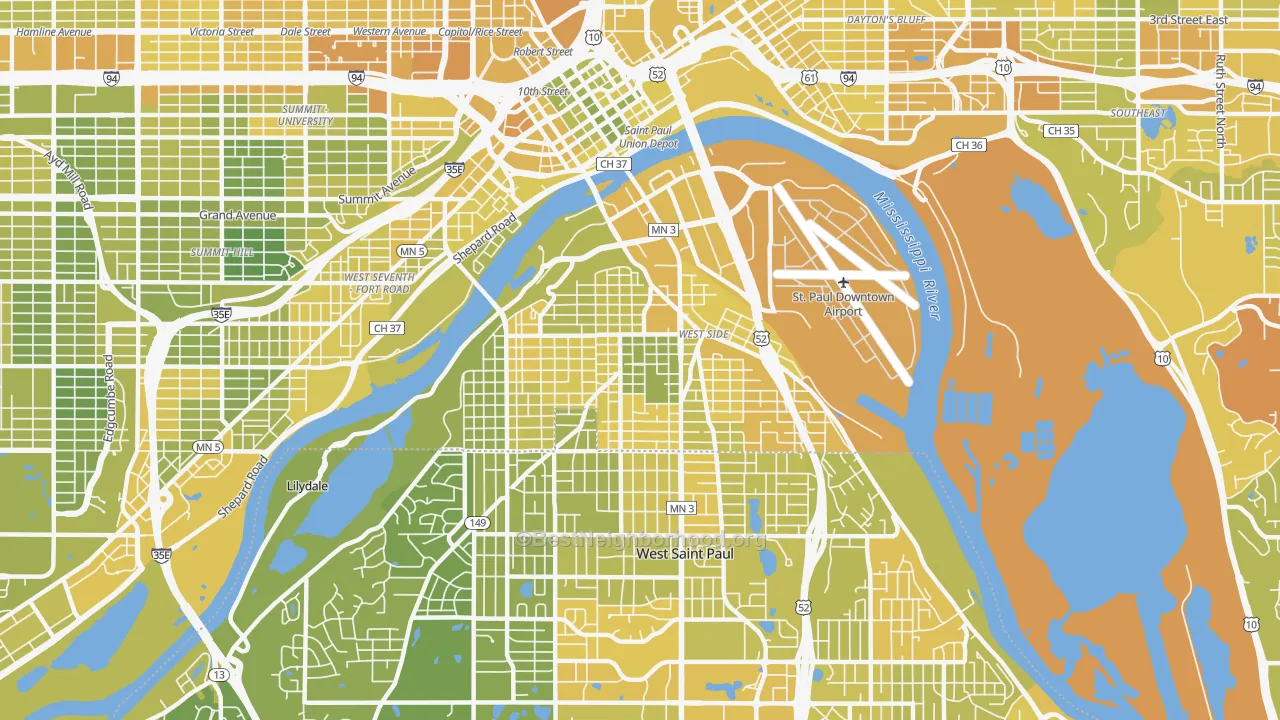 Map of the best neighborhoods in the 55107 area, with better matches in green and worse matches in red
