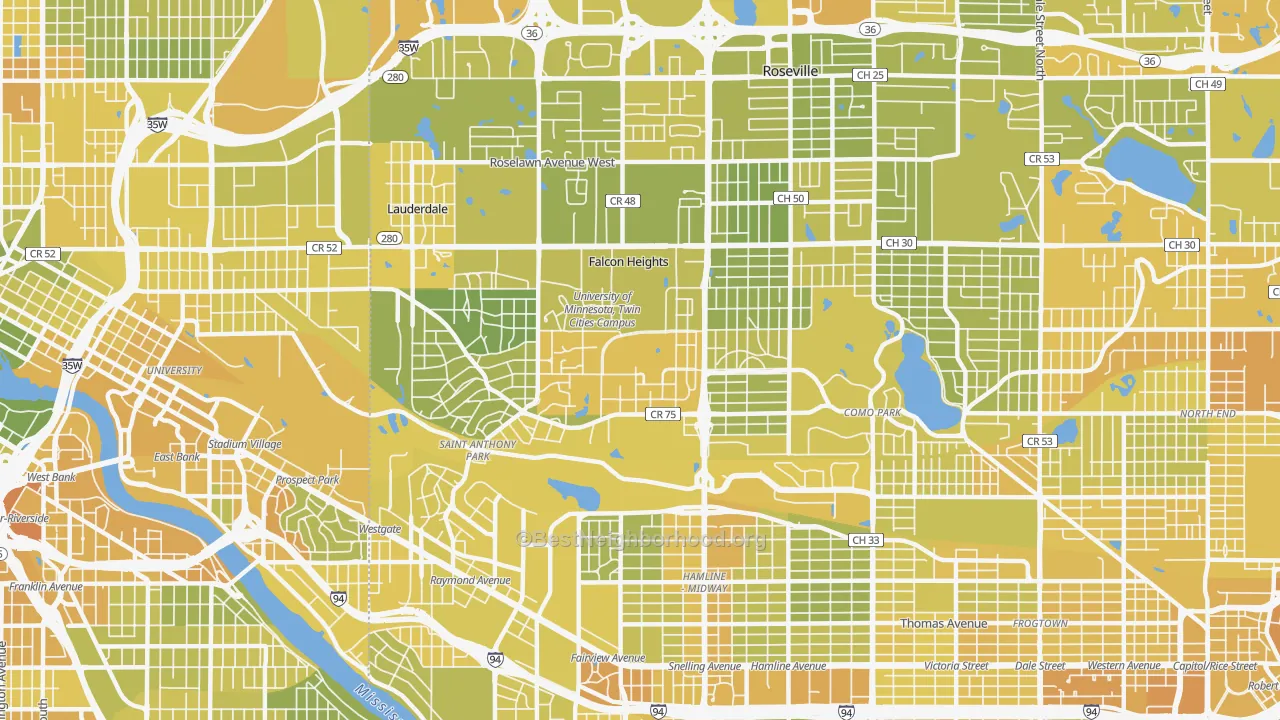 Map of the best neighborhoods in the 55108 area, with better matches in green and worse matches in red