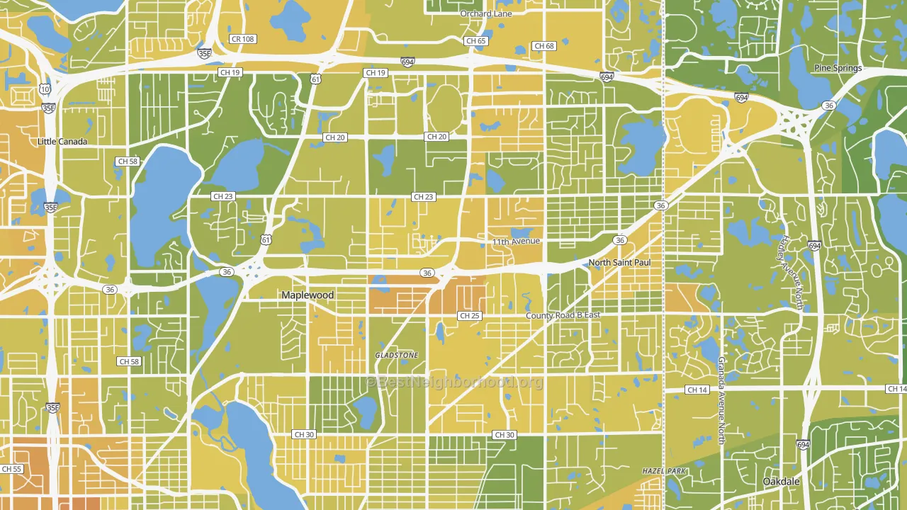 Map of the best neighborhoods in the 55109 area, with better matches in green and worse matches in red