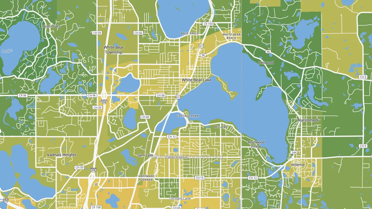 Map of the best neighborhoods in the 55110 area, with better matches in green and worse matches in red